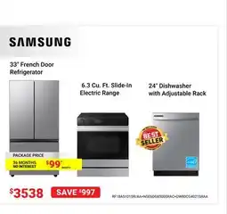 Visions Electronics 33 French Door Refrigerator 6.3 Cu. Ft. Slide-In Electric Range 24 Dishwasher with Adjustable Rack offer