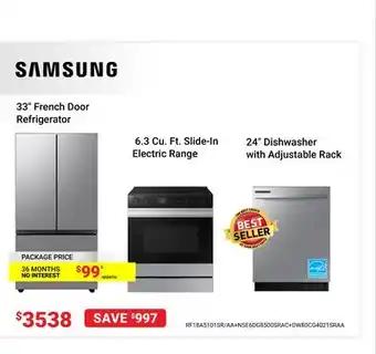 Visions Electronics 33 French Door Refrigerator 6.3 Cu. Ft. Slide-In Electric Range 24 Dishwasher with Adjustable Rack offer