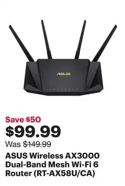 Best Buy ASUS Wireless AX3000 Dual-Band Mesh Wi-Fi 6 Router (RT-AX58U/CA) offer
