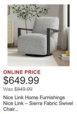 Costco Nice Link Home Furnishings Nice Link – Sierra Fabric Swivel Chair with Wood Arms offer