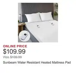 Costco Sunbeam Water Resistant Heated Mattress Pad offer