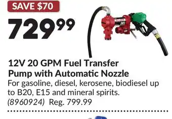 Princess Auto 12V 20 GPM Fuel Transfer Pump with Automatic Nozzle offer