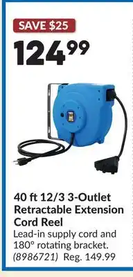 Princess Auto 40 ft 12/3 3-Outlet Retractable Extension Cord Reel offer