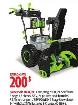 Canadian Tire 56V POWER+ 2- Stage Snowblower, 24 with 2 x 75 Ah Batteries & Charger offer