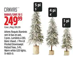 Canadian Tire CANVAS Pre-Lit Flocked Downswept Potted Trees, 3-Pc offer