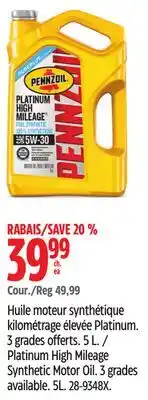Canadian Tire Platinum High Mileage Synthetic Motor Oil. 3grades available. 5L offer