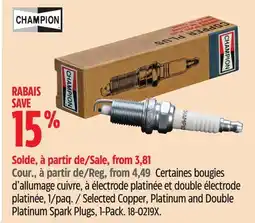 Canadian Tire Champion Selected Copper, Platinum and Double Platinum Spark Plugs offer