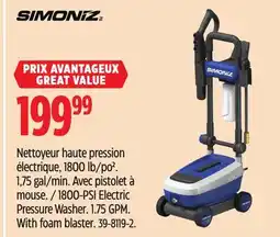 Canadian Tire SIMONIZ 1800-PSI Electric Pressure Washer. 1.75 GPM. With foam blaster offer