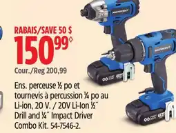 Canadian Tire Mastercraft 20V Li-Ion 1⁄2˝ Drill and 1⁄4˝ Impact Driver Combo Kit offer