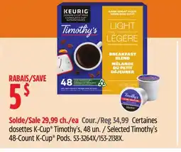 Canadian Tire Selected Timothy's 48-Count K-Cup Pods offer