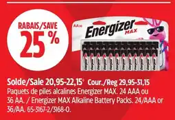 Canadian Tire Energizer MAX Alkaline Battery Packs. 24/AAA or 36/AA offer