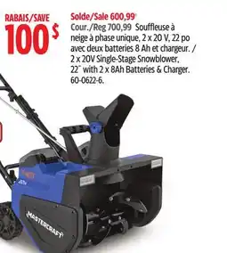 Canadian Tire Mastercraft 2*20V Single-Stage Snowblower, 22 with 2*8Ah Batteries & Charger offer