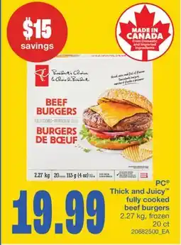 Wholesale Club PC THICK AND JUICY FULLY COOKED BEEF BURGERS, 2.27 kg, frozen 20 ct offer