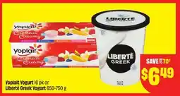 FreshCo Yoplait Yogurt 16 pk or Liberte Greek Yogurt 650-750 g offer