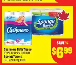 FreshCo Cashmere Bath Tissue 12=24 or 8=24 Rolls or SpongeTowels 3=6 Rolls offer