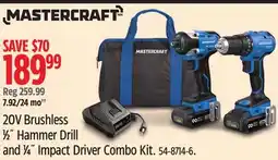 Canadian Tire MASTERCRAFT 20V Brushless 1⁄2˝ Hammer Drill and 1⁄4˝ Impact Driver Combo Kit offer