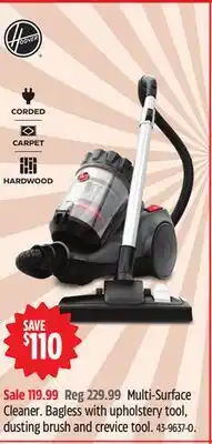 Canadian Tire Multi-Surface Cleaner. Bagless with upholstery tool, dusting brush and crevice tool offer