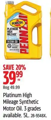 Canadian Tire Platinum High Mileage Synthetic Motor Oil. Pennzoil offer