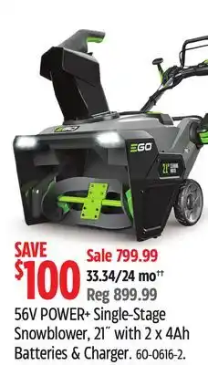 Canadian Tire EGO POWER+ 56V Single Stage Cordless Snowblower, 21 with (2) 4Ah Batteries and 320W Charger offer