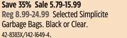 Canadian Tire Selected Simplicite Garbage Bags. Black or Clear offer