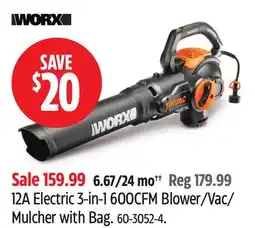 Canadian Tire 12A Electric 3-in-1 600CFM Blower/Vac/ Mulcher with Bag offer