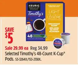 Canadian Tire Keurig Selected Timothy's 48-Count K-Cup Pods offer