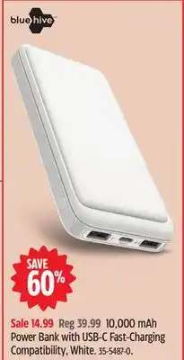 Canadian Tire Bluehive 10,000 mAh Power Bank with USB-C Fast-Charging Compatibility, White offer