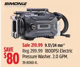 Canadian Tire Simoniz Platinum 1800PSI Electric Pressure Washer offer
