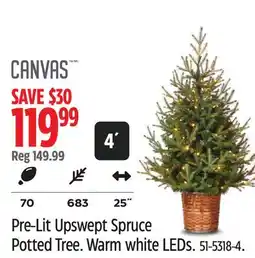 Canadian Tire CANVAS Pre-Lit Upswept Spruce Potted Tree. Warm white LEDs offer
