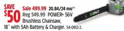 Canadian Tire POWER+ 56V Brushless Chainsaw, 18 with 5Ah Battery & Charger offer