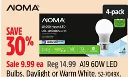 Canadian Tire Noma A19 60W LED Bulbs. Daylight or Warm White offer