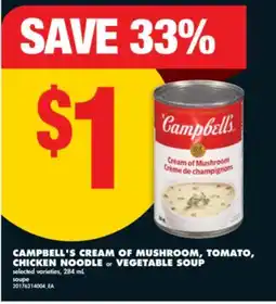 No Frills CAMPBELL'S CREAM OF MUSHROOM, TOMATO, CHICKEN NOODLE or VEGETABLE SOUP, 284 ML offer