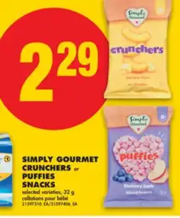 No Frills SIMPLY GOURMET CRUNCHERS or PUFFIES SNACKS, 32 g offer