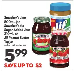 Longo's Smucker's Jam 500mL jar, Smucker's No Sugar Added Jam 310mL or Jif Peanut Butter 1kg jar offer