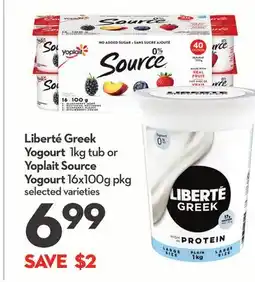 Longo's Liberté Yogourt 1kg tub or Yoplait Source Yogourt 16x100g pkg offer