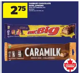 Real Canadian Superstore CADBURY CHOCOLATE BARS, JUNIORS, 8' S 84-92 G offer