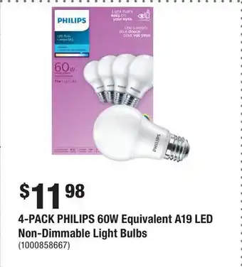 Home Depot 4-PACK PHILIPS 60W Equivalent A19 LED Non-Dimmable Light Bulbs offer