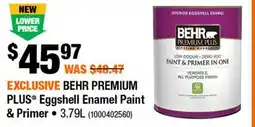 Home Depot EXCLUSIVE BEHR PREMIUM PLUS EGGSHELL ENAMEL Paint & Prime 3.79L offer