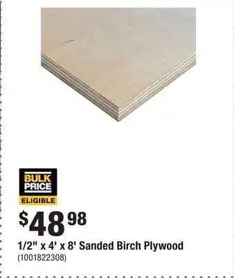 Home Depot 1/2 x 4' x 8' Sanded Birch Plywood offer