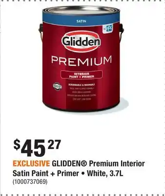 Home Depot EXCLUSIVE GLIDDEN Premium Interior Satin Paint + Primer • White, 3.7L offer