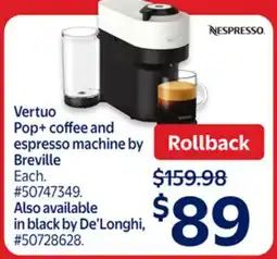 Walmart Vertuo POP+ coffee and espresso machine by Breville offer