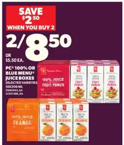 Loblaws PC 100% OR BLUE MENU JUICE BOXES, 10X200 ML offer