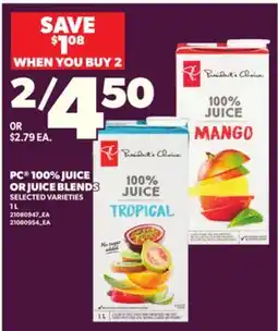 Loblaws PC 100% JUICE OR JUICE BLENDS, 1L offer