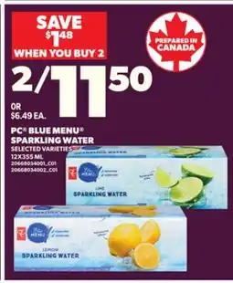 Loblaws PC BLUE MENU SPARKLING WATER, 12X355ML offer