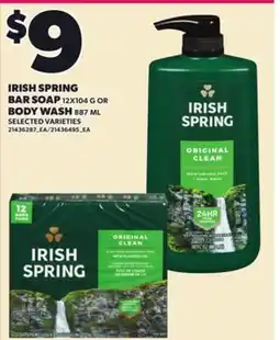Loblaws IRISH SPRING BAR SOAP, 12X104, BODY WASH 887 ML offer