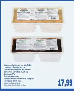 Wholesale Club SOUPE À L'OIGNON OU POULET ET NOUILLES CLASSIQUES OU CONTENANT DE CHILI KLONDIKE, 1,81 KG offer