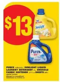 No Frills PUREX, SUNLIGHT LIQUID LAUNDRY DETERGENT, SNUGGLE FABRIC SOFTENER offer