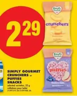 No Frills SIMPLY GOURMET CRUNCHERS OR PUFFIES SNACKS offer