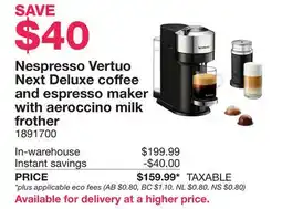 Costco Nespresso Vertuo Next Deluxe coffee and espresso maker with aeroccino milk frother offer