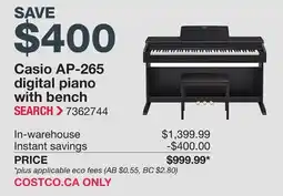 Costco Casio AP-265 digital piano with bench offer